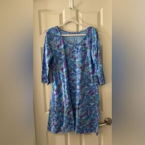 Fresh Produce Blue & Purple Floral Boho 3/4th sleeve cotton Dress Cover Up L